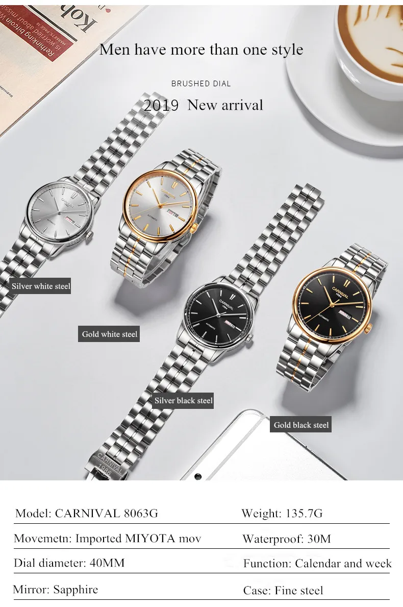 Switzerland Carnival Mechanical Watch Men MIYOTA Automatic Men Watches Luxury Brand Waterproof Clock Sapphire Montre Homme Reloj