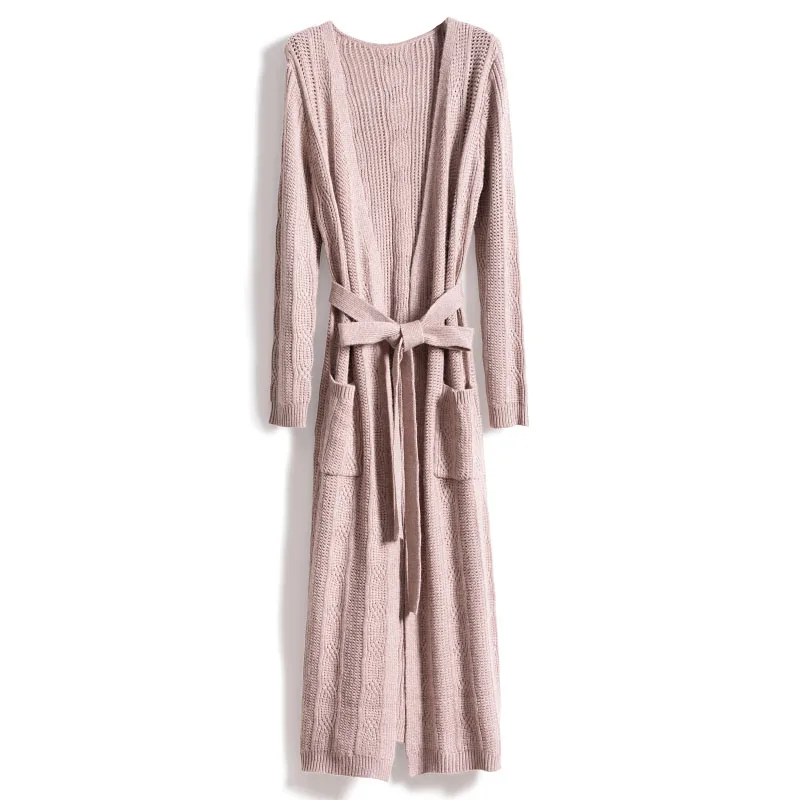 

2019 autumn winter womens cashmere knitted long cardigan sashes open stitch sweater elegant wool cardigans white
