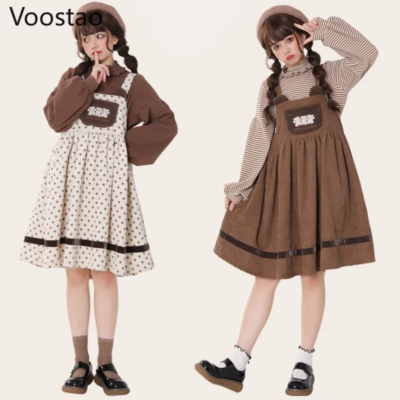 Autumn Winter Girls Vintage Sweet Lolita Jsk Dress Women Cute Bear Embroidery Plush Pocket Loose Corduroy Party Strap Dresses Lolita Dress Lolita Suspender Dress Suspender Dress