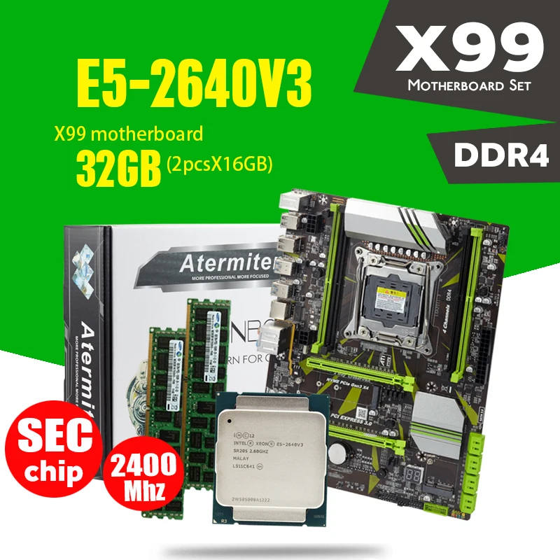 Atermiter X99 набор материнских плат с Ксеон E5 2640 V3 2 шт. 16 ГБ = 32 Гб 2400 МГц DDR4 память ECC Reg
