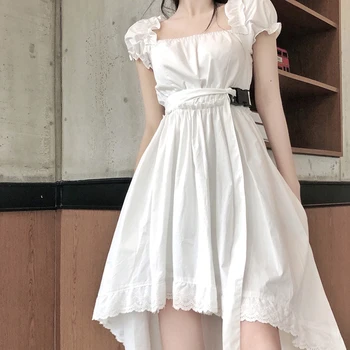 

2020 New Women Ball Gown Tuxedo Dress White Black Short Puff Sleeve Square Collar Ladies Mesh Female Party Dresses With Sashe