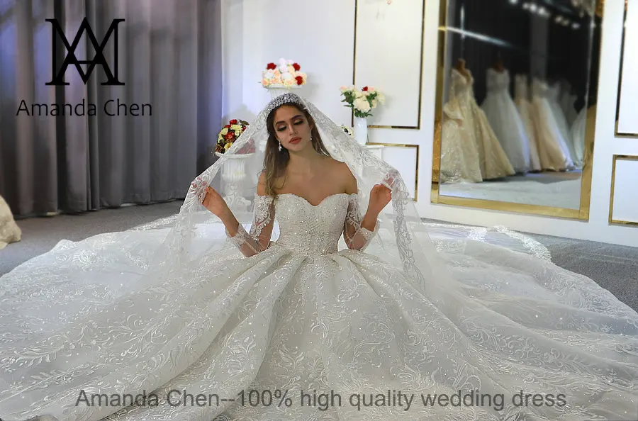 Abendkleid с открытыми плечами с длинным рукавом Кружева свадебное платье