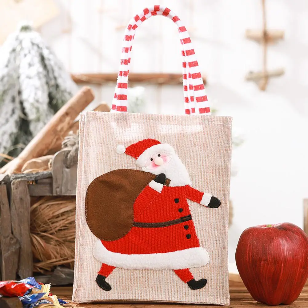 1Pcs Christmas Linen Cloth Stereoscopic Embroidered Handbag Gift Candy Bag Cartoon Xmas Santa Claus Snowman Tote Bags