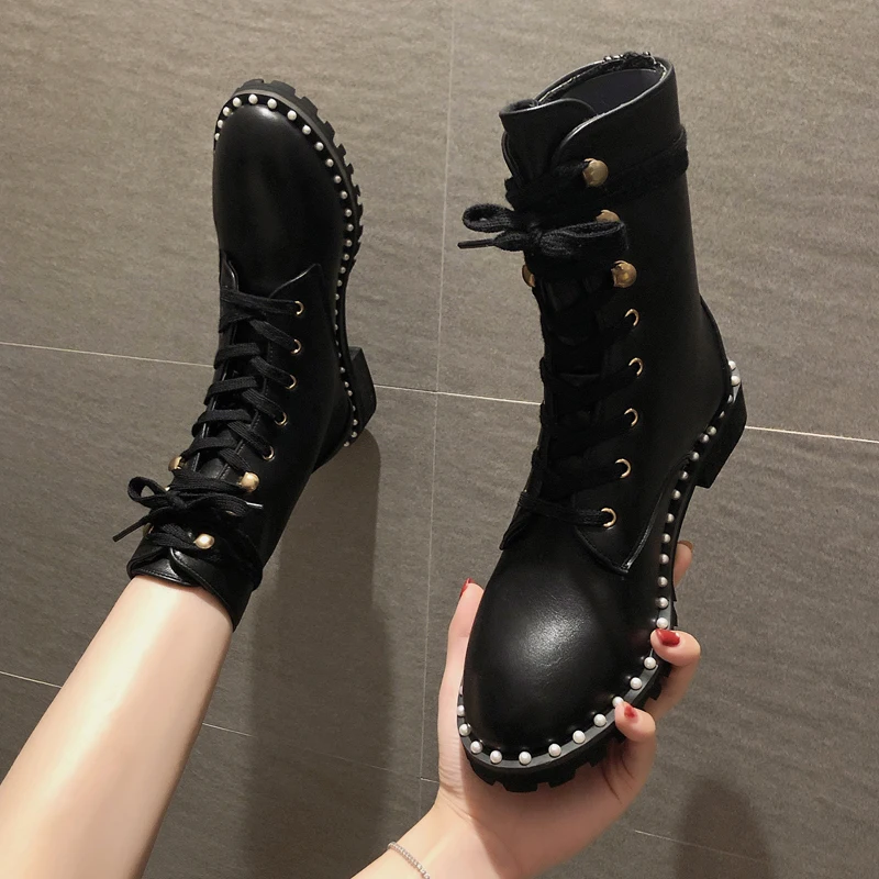 

Autumn Boots Women's Low Shoes Round Toe Clogs Platform Luxury Designer Chunky Heel Bootee Woman 2019 Lace Up Booties Ladies