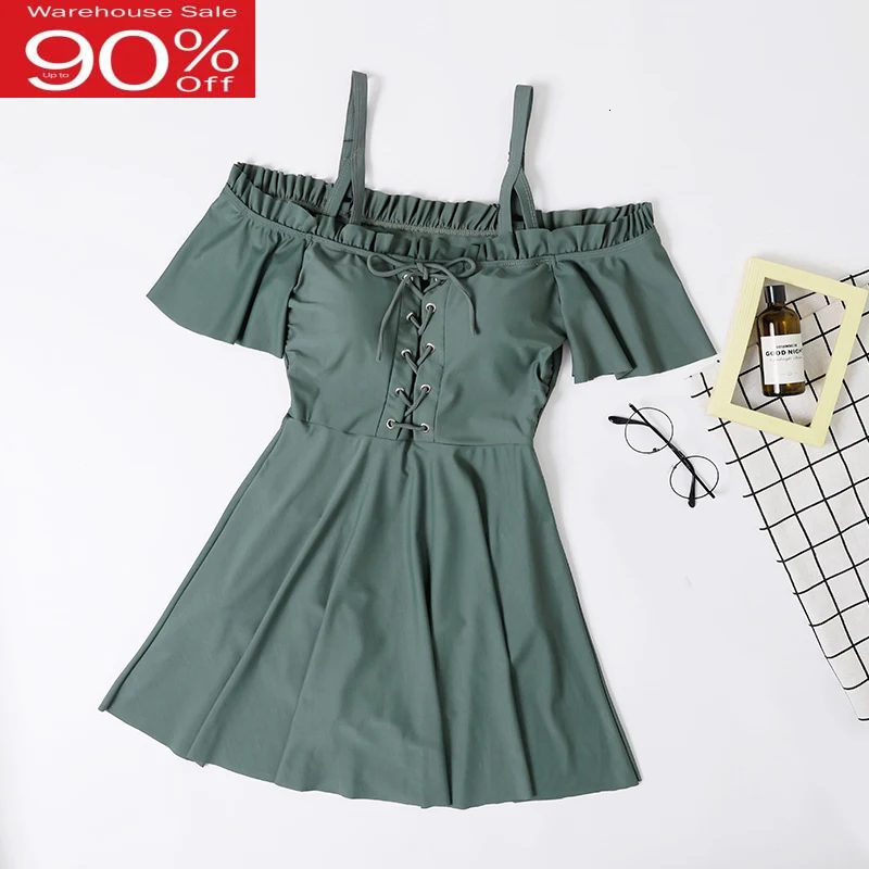 

Womens Off Shoulder Swimsuits One Piece Green Plus Size Swimwear Push 2020 Chic Solid Ruffles Lace Up Padding Bathing Suit