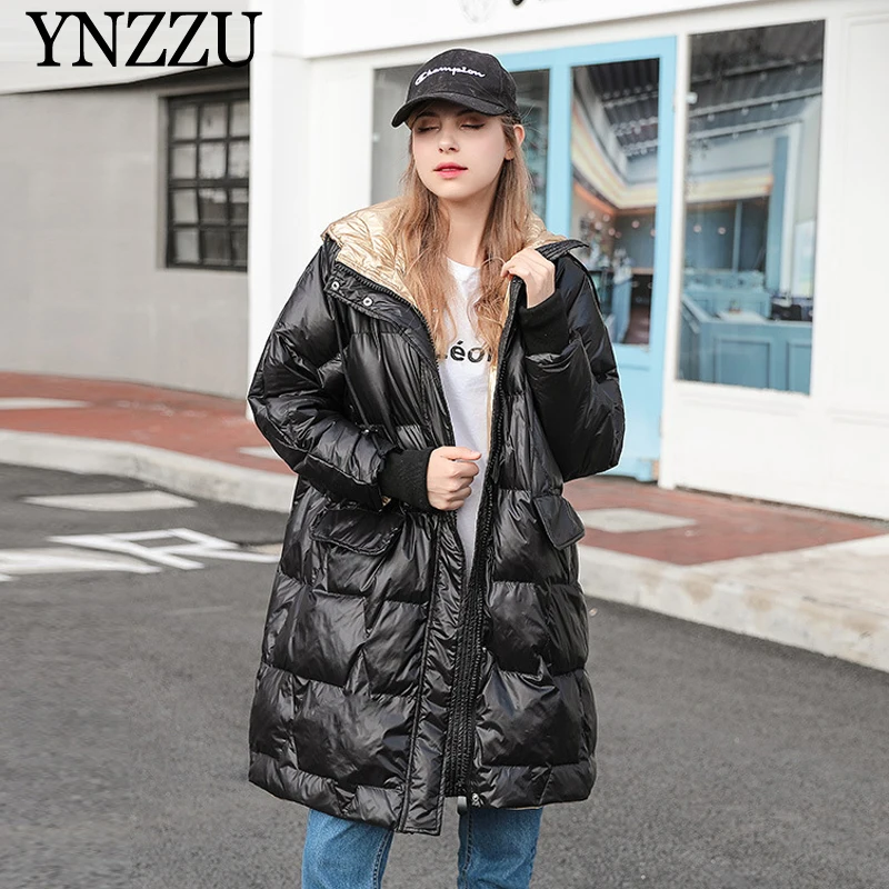 

2019 Winter Women hooded Down jacket Oversized Long sleeve irregular Long Down coat Warm Fashion patchwork Outwear YNZZU 9O039