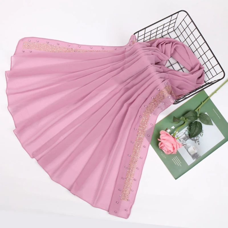 Простой с жемчугом пузырь шифон хиджаб шарф женский сплошной цвет головной платок Мусульманский Исламский длинный платок шарфы обертывания
