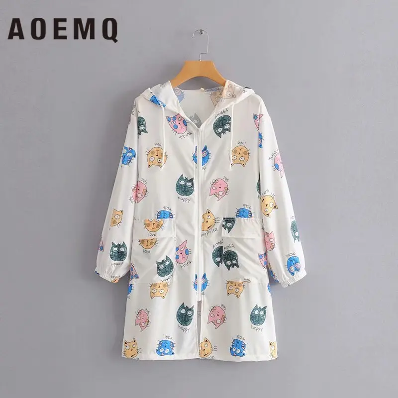AOEMQ модное прозрачное пальто с принтом кота из мультфильма куртки Солнцезащитная