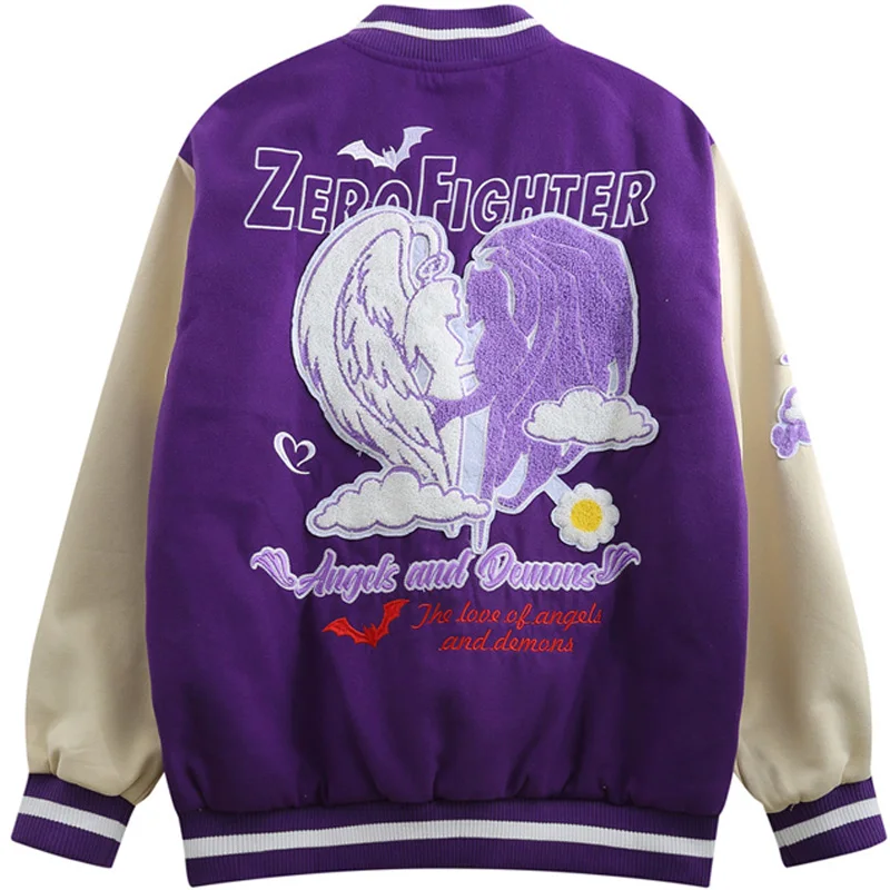 

Love Embroidery Contrast Stitching Baseball Uniform Men's Color Matching Varsity Jacket Street Trend Autumn Loose Purple Jackets