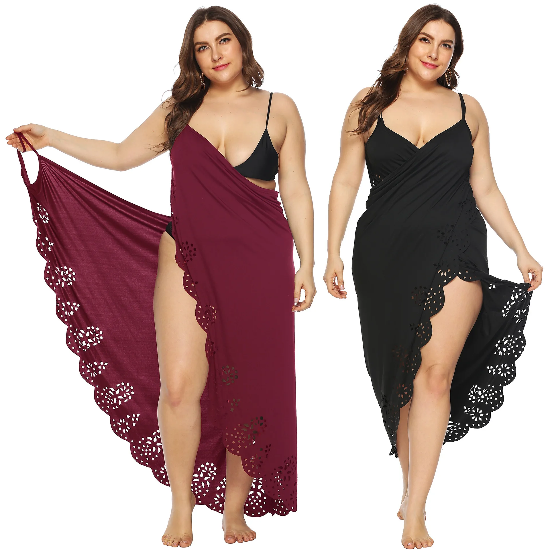 

Separate Station Large Size Dress Hot Printed Pattern Hollow out Beach Cover-up Irregular Strapped Dress 6153