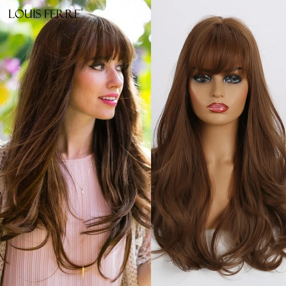 

LOUIS FERR Long Brown Honey Wavy Wigs with Bangs Heat Resistant Synthetic Wig for Black Women African American Cosplay Wigs