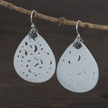 

FNJ Jade Statement Earrings 925 Silver Original Pure S925 Sterling Silver Drop Earring for Women Jewelry