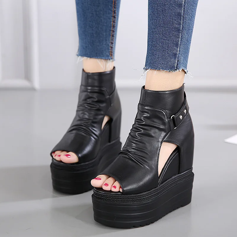 

2018 Spring Elevator Open-toed Shoes 14cm Thick Bottomed Hollow out Versatile Platform Hight-top Sandals Women's