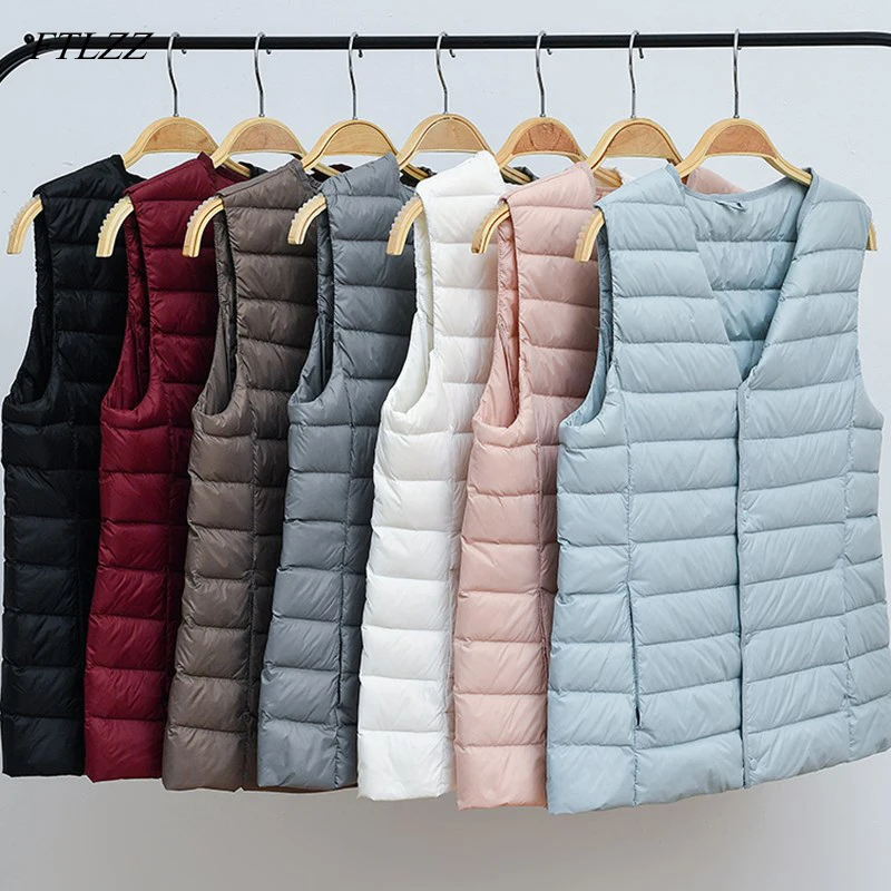 

FTLZZ Women Vest Thin Down Coat Women 90% Ultra Light White Duck Down Jacket V Collar Or O Collar Sleeveless Coat