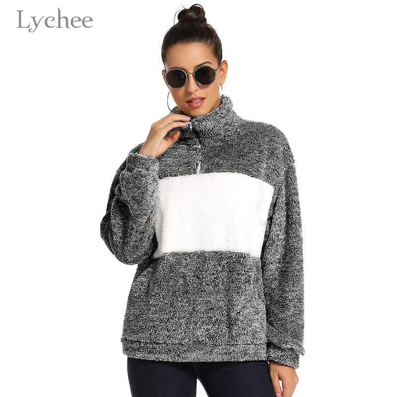 

Lychee Harajuku Stripe Patchwork Zipper Villus Women Sweatshirt Color Block Lady Tracksuit Long Sleeve Women Pullovers