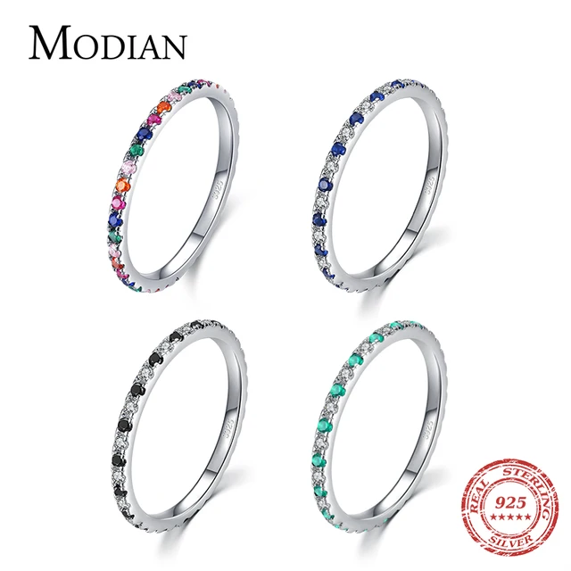 Modian 2021 Real 925 Sterling Silver Rainbow CZ Simple Fashion Finger Ring Stackable Enamel Rings For Women Brand Fine Jewelry 3
