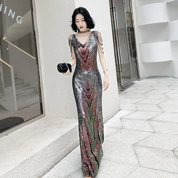 

Multicolor Sexy Tassel Sleeve Female Evening Party Dress Backless Tight Cheongsam Vestidso BIG SIZE 3XL Mermaid Novelty Qipao