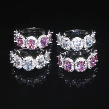 

halo oval cz cubic zirconia ring pink clear cubic zirconia silver color stack cz Eternity band rings