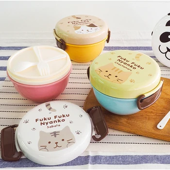 Boîte à déjeuner pour enfants de dessin animé, récipient alimentaire mignon pour enfants, boîte à Bento ronde séparée en plastique scellée à Double couche, bol de nouilles instantanées 1