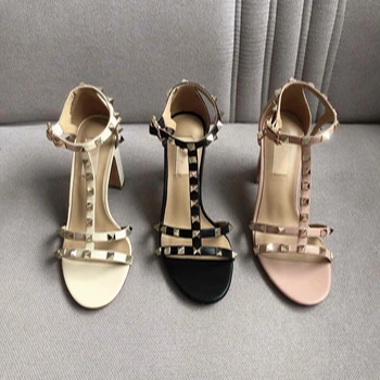 

Top Quality Women's Shoes Summer Hot Sell Rivet Pumps High Heels Genuine Leather Ladies Sandals Ankle Straps Large Size 35-40