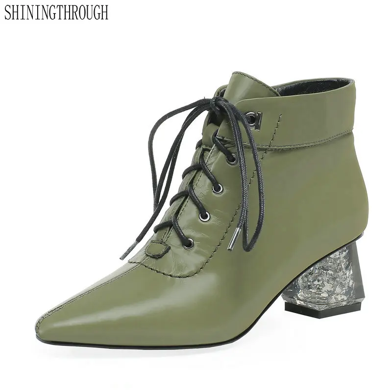 

Genuine Leather Boots Women lace up Pointed Toe Ankle Boots Autumn Winter Party Shoes Woman Vintage Motorcycle Boots