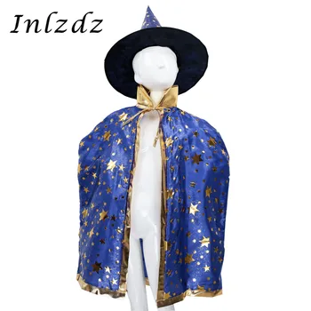 

Kids Children Halloween Carnival Cosplay Costumes Outfit Witch Wizard Cloak Cape with Pointed Hat Outfit Set Role Play Clothing