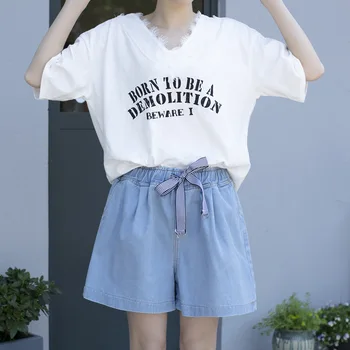 

Plus Size Women High Waist Jeans Loose Fashion Bottoms For Female Girl Slim Drawstring Denim Wide Leg Short Pants Trousers Z8707