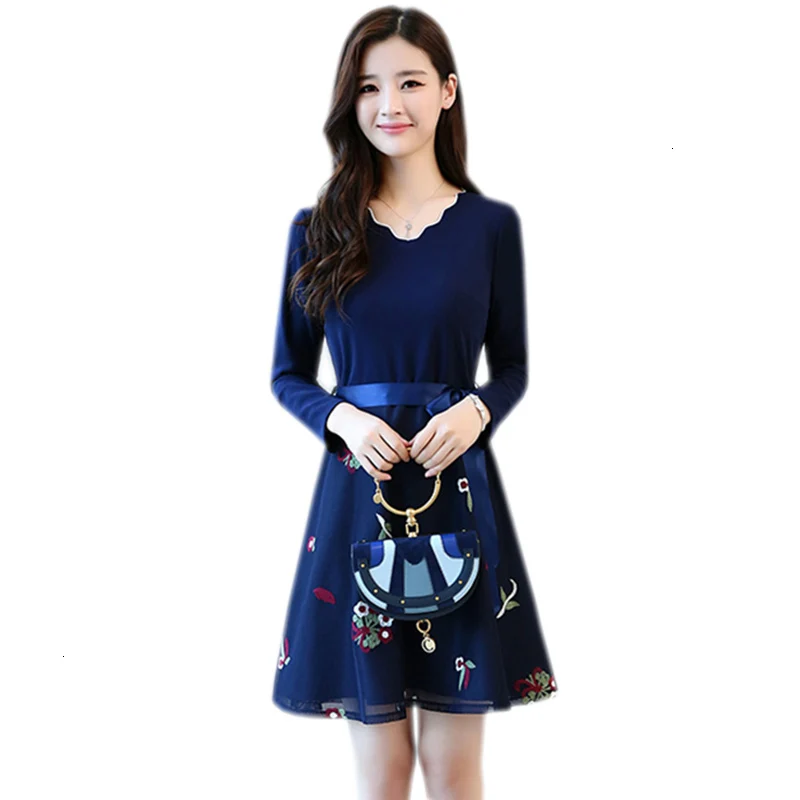 

Spring Jurk Flower Print Jurk Riem Strik Long Mouw V -neck Jurk Herfst and winter Ladies Jurk dresses YM182