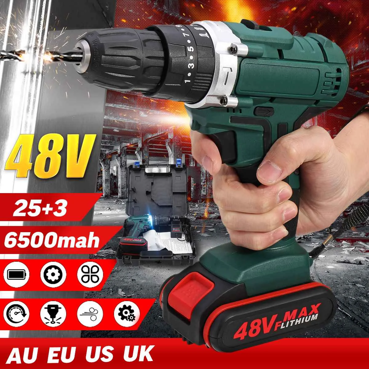 

48V 6500mah Household Electric Drill Wrench Driver Double Speed Cordless Drill Rechargeable Lithium Battery Screwdriver