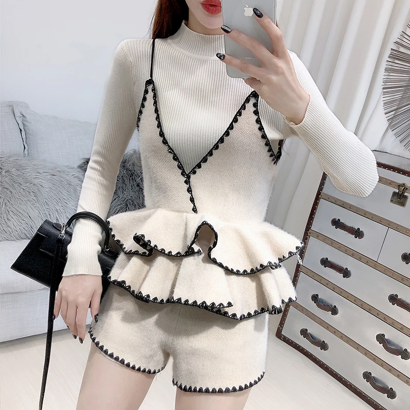 ALPHALMODA вязаный свитер + жилет с рюшами шорты Женский Стильный костюм из 3 предметов