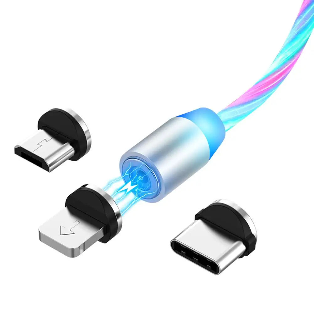 

100CM 3 in 1 Magnetic Cable iPhone charger LED Flowing Micro USB Type C Charge Cable For iphone cable Android  