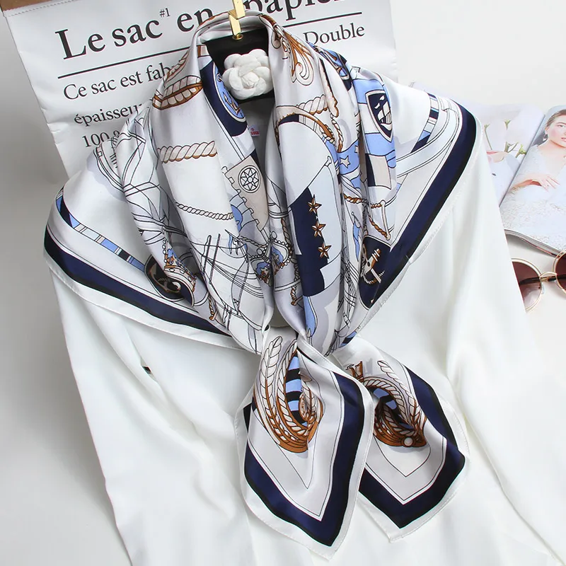Шелковый шарф для женщин бренд хаучжоу шелковые шали и палантины для Дамская бандана квадратный шелковый шарф с принтом 88x88 см шейный платок - Цвет: Color 1