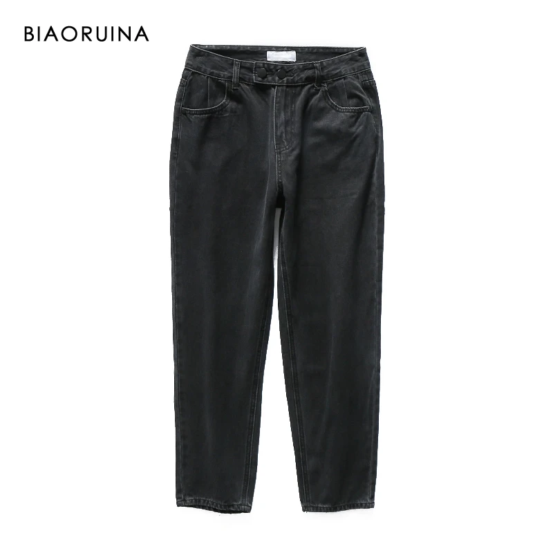 

BIAORUINA Women's Washing Bleached High Waist Black Fashion Jeans Female All-match Straight Denim Jeans Streetwear Two Buttons