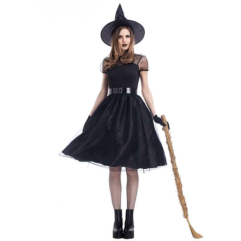 

Black Yarn Witch Costume Adult Women Halloween Party Cosplay Night Ghost Game Suit Sorceress Dress Girls