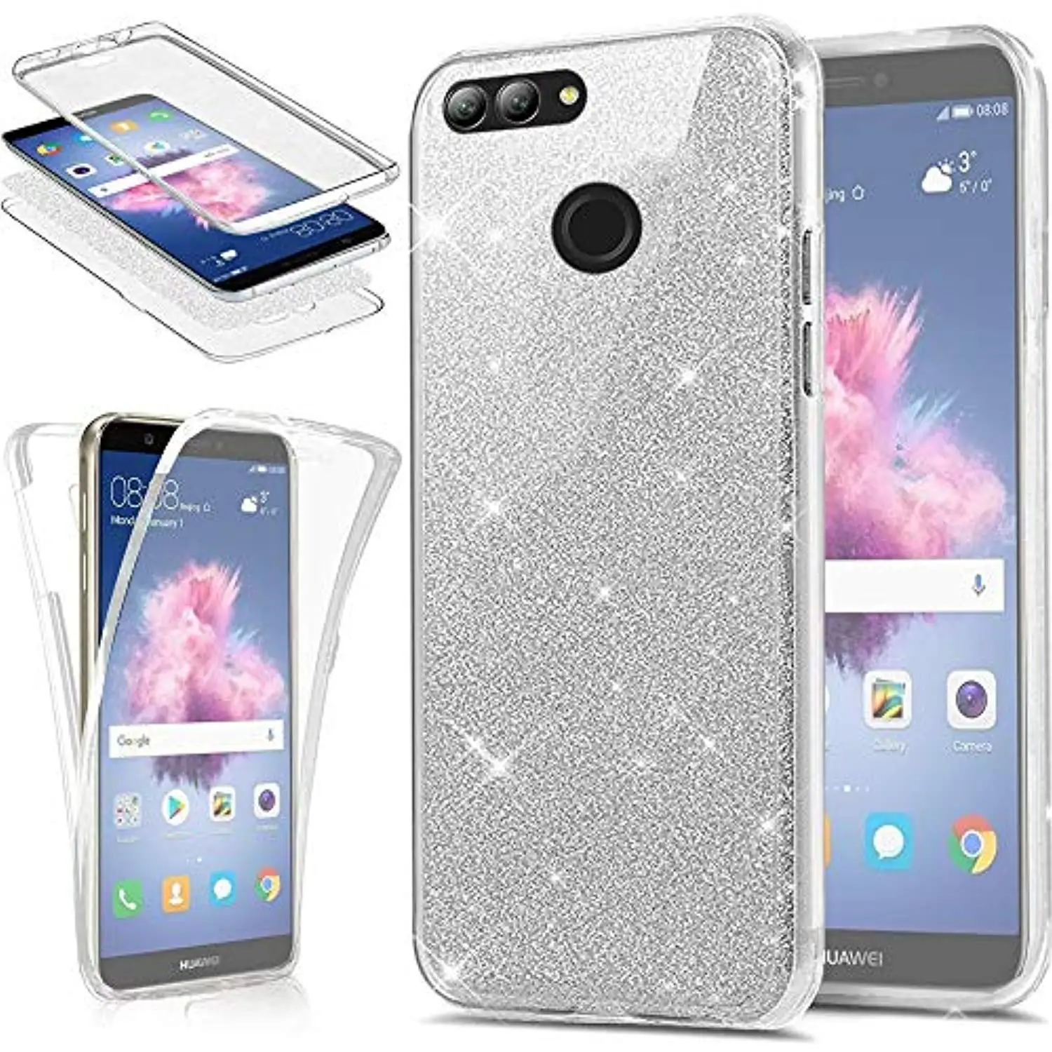 

Glitter 360 3 in 1 Front + Back PC + TPU Phone Case for Huawei P Smart Y6 Y7 Pro 2019 P30 P20 Lite P10 Mate 20 30 10 Cover Cases