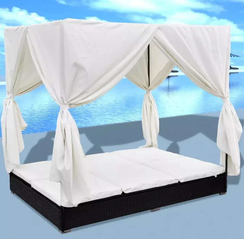 

Hot Selling Outdoor Sofa Bed with Curtain Black Outdoor Seating Sofa Cama Braided Resin Waterproof Resistant Outdoor Furniture