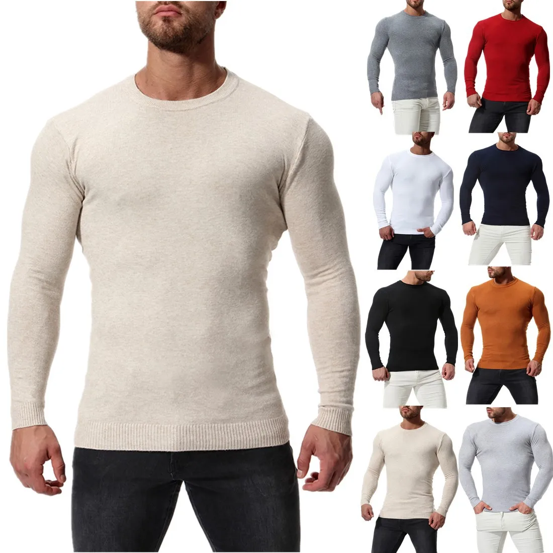 

2019 Autumn Clothing New Style Men Crew Neck Sweater Solid Color Slim Fit Long Sleeve Men's Knit Low Waist Jersey Xym005
