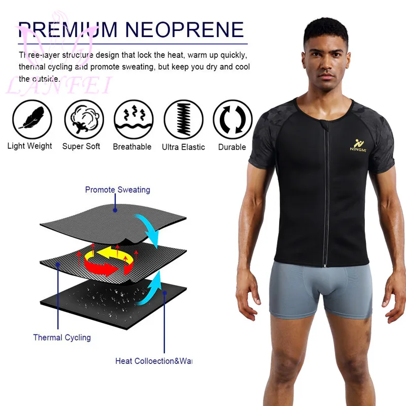 LANFEI Men Waist Trainer Vest Hot Neoprene Sauna Slimming Corset Body Shaper Weight Loss Zipper Sweat Tank Top Workout Shirt