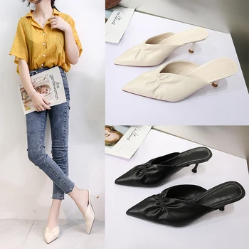 

Baotou semi-trail single shoes women 2020 new summer mid-heel pointed high-heeled outer wear female sandals slippers Z694