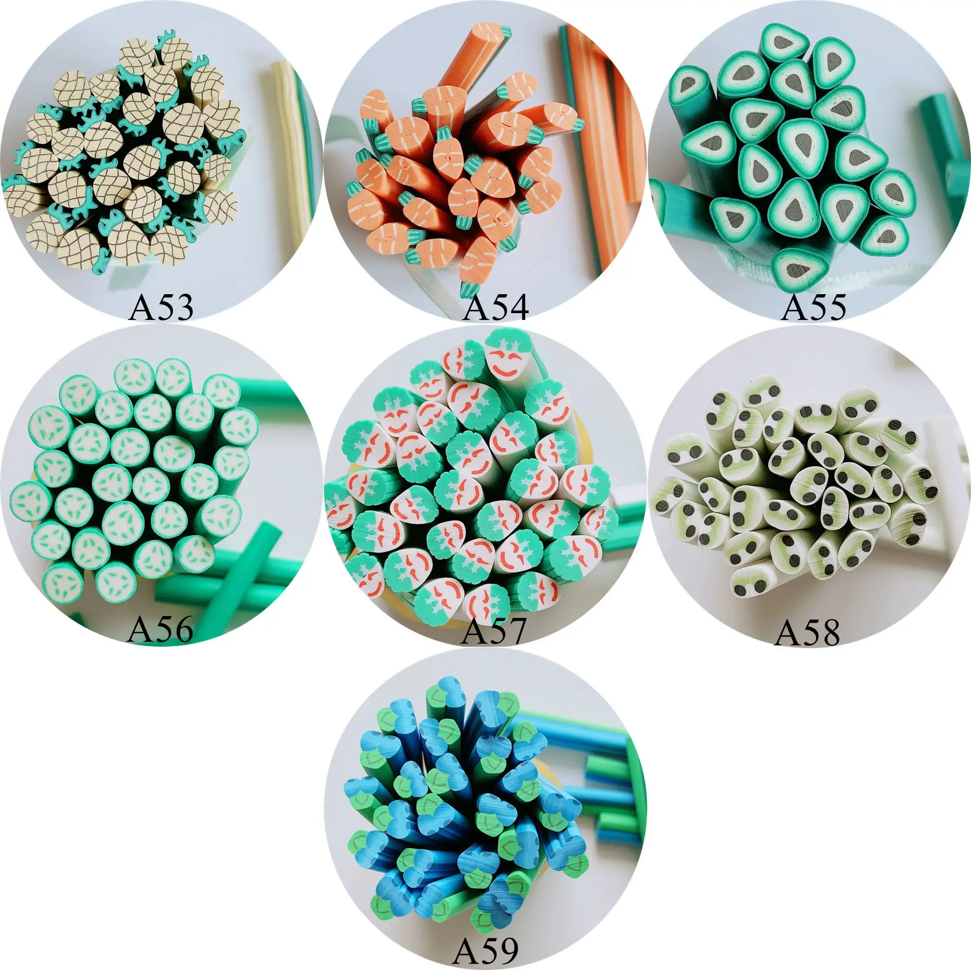 

100pcs 5mm Cute Fruit and vegetable Series Cane Fancy Nail Art Polymer Clay Cane Mushroom Avocado Cucumber Pineapple