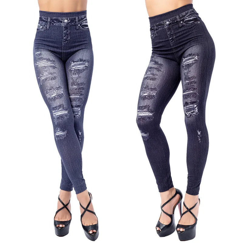 leggins Sexy Women Elastic Shaping Pants High Waist Fitness Sports Leggings Faux Denim Jeans Gym Workout Running Slim Push Up Trousers seasum leggings