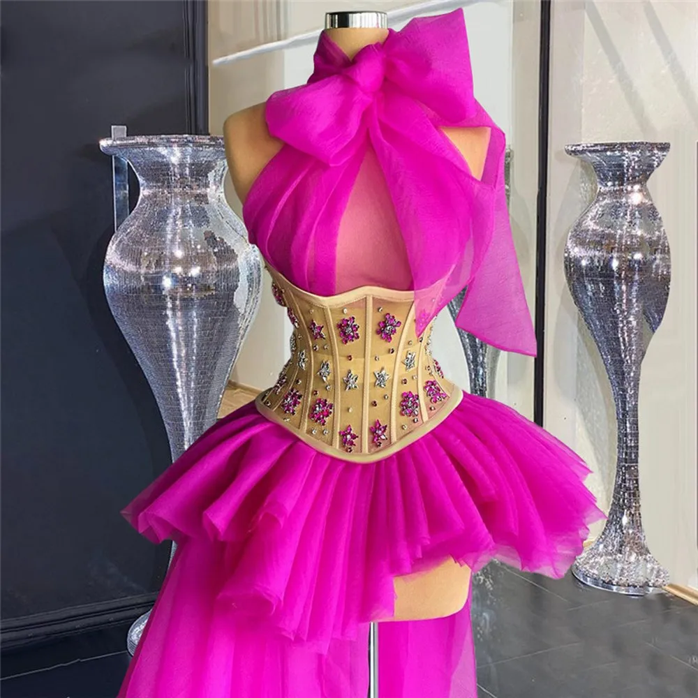 blue prom dresses Sexy Fuchsia High Low Prom Dresses Ribbon Halter Bodice See Through Evening Gowns Tulle Sweep Train Formal Party Dress Customize black prom dress Prom Dresses