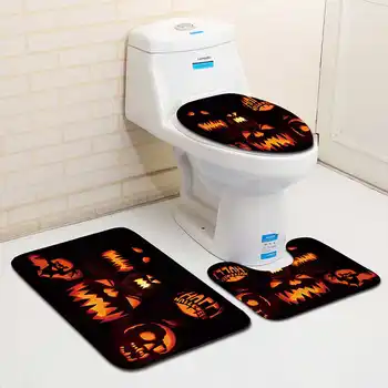 

3pcs Halloween Pumpkin Toilet Seat Cover and Rug Bathroom Set Decor Anti-Slippery Toilet Mat