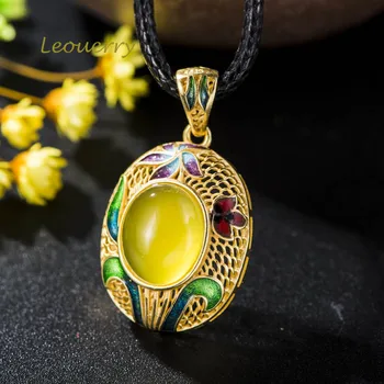 

Leouerry 925 Sterling Silver Vintage Gold Flower Yellow Agate Pendant National Wind Agate Silver Pendant Female Jewelry