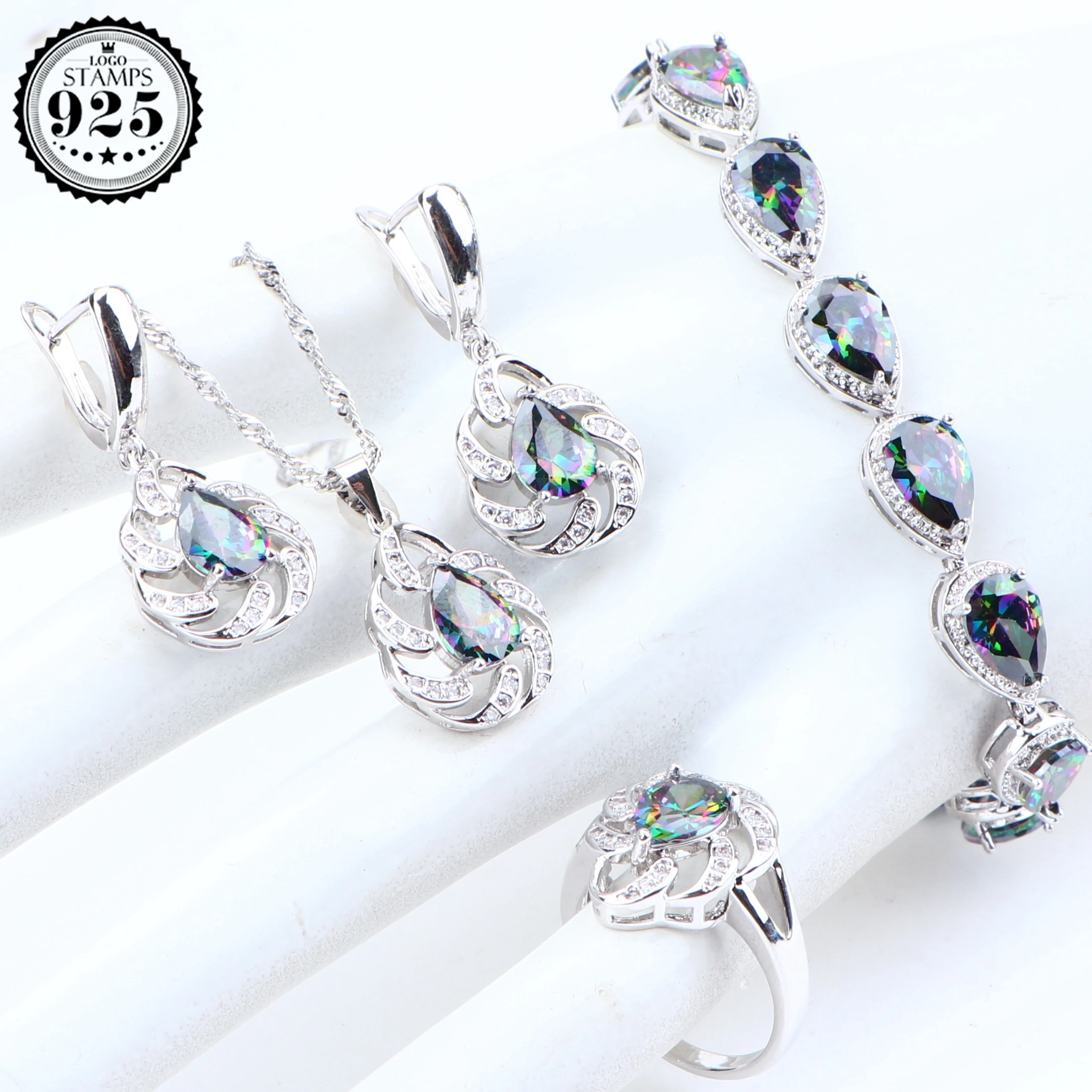

Women Accessories 925 Silver Zirconia Jewelry Sets Wedding Bridal Necklace Ring Earrings Costume Jewelry Bracelet Pendant Set