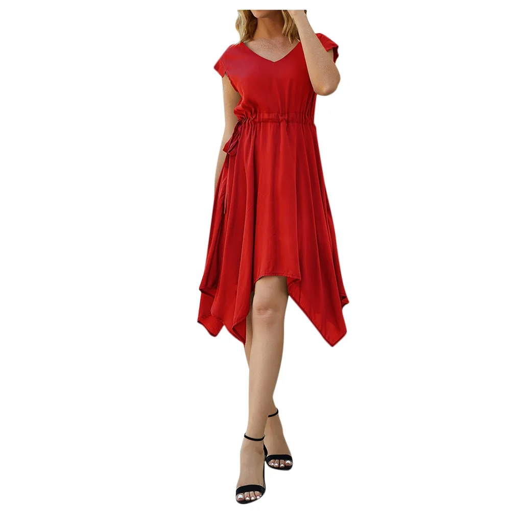 dress Fashion women dress Sexy Women V Neck Knot Pure Color Dress Beach Party women Dress платье женское Free Shipping D4