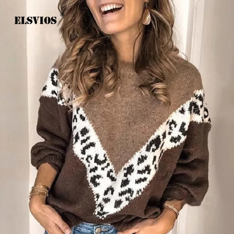 

Fashion Patchwork Leopard Print Knitted Sweater Women Winter O Neck Long Sleeve Warm Tops Pullover Ladies Autumn Sweaters Jumper