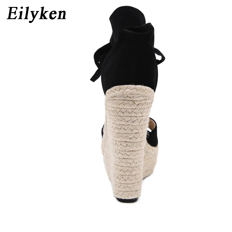 EilyKen/модные женские босоножки из флока и эластичной ткани пикантные туфли с открытым носком, с перекрестными ремешками на лодыжке, на шнуровке, на танкетке, на платформе, на высоком каблуке