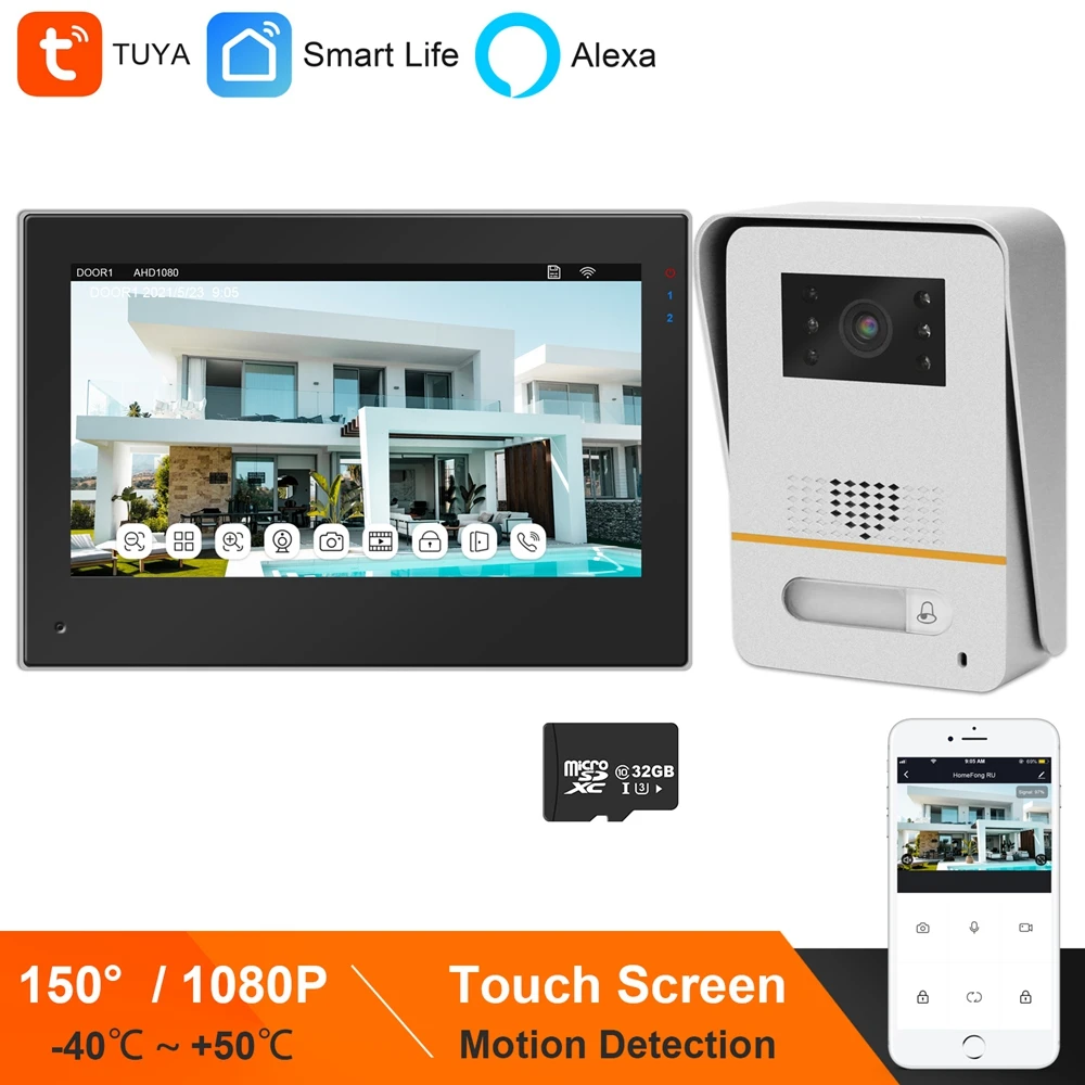 Smart Life APP WiFi Video Intercom Works with Amazon Alexa Villa Video Door Phone Touch Screen 1080P Doorbell Camera Open 2 Lock
