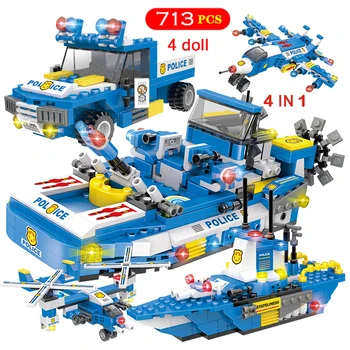 

Bricks Toys Building Blocks 713pcs 4in1 City Police Trucks Car Helicopter Ship Model City SWAT Team Boat For Children